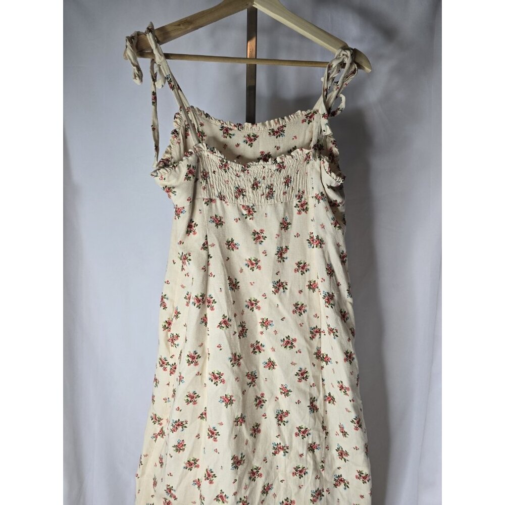 Zara Strapped Cream Linen Blend Floral Long Length Dress Size LARGE - Picture 3 of 13